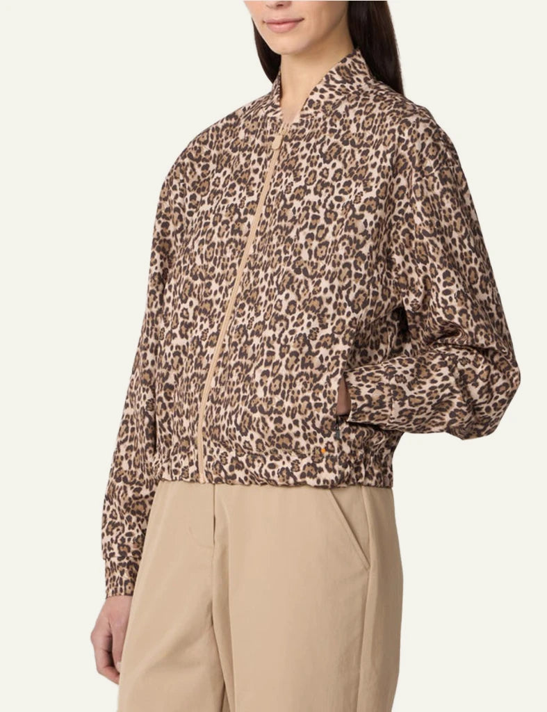 Save The Duck bomber jacket leopard print zip front elastic hem front model view