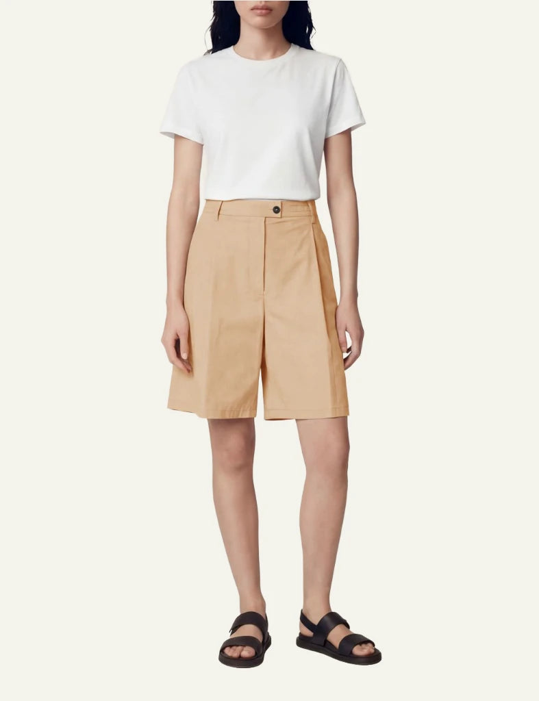 Save The Duck Lysandra shorts beige clean front view pleated mid waist full body view