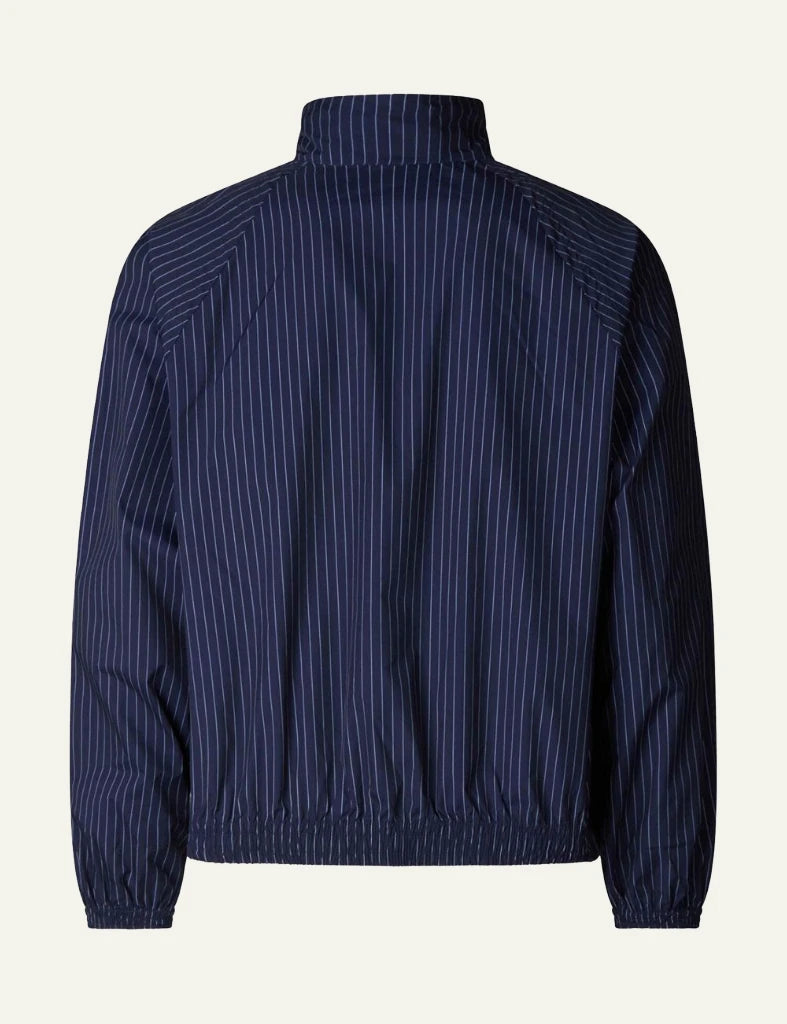 Save The Duck navy striped jacket zip front elastic hem detail back flat view
