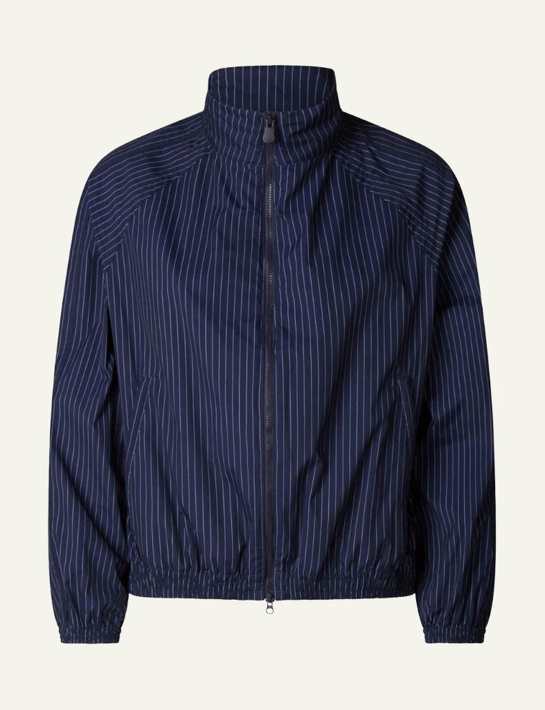 Save The Duck navy striped jacket zip front elastic hem detail front flat view