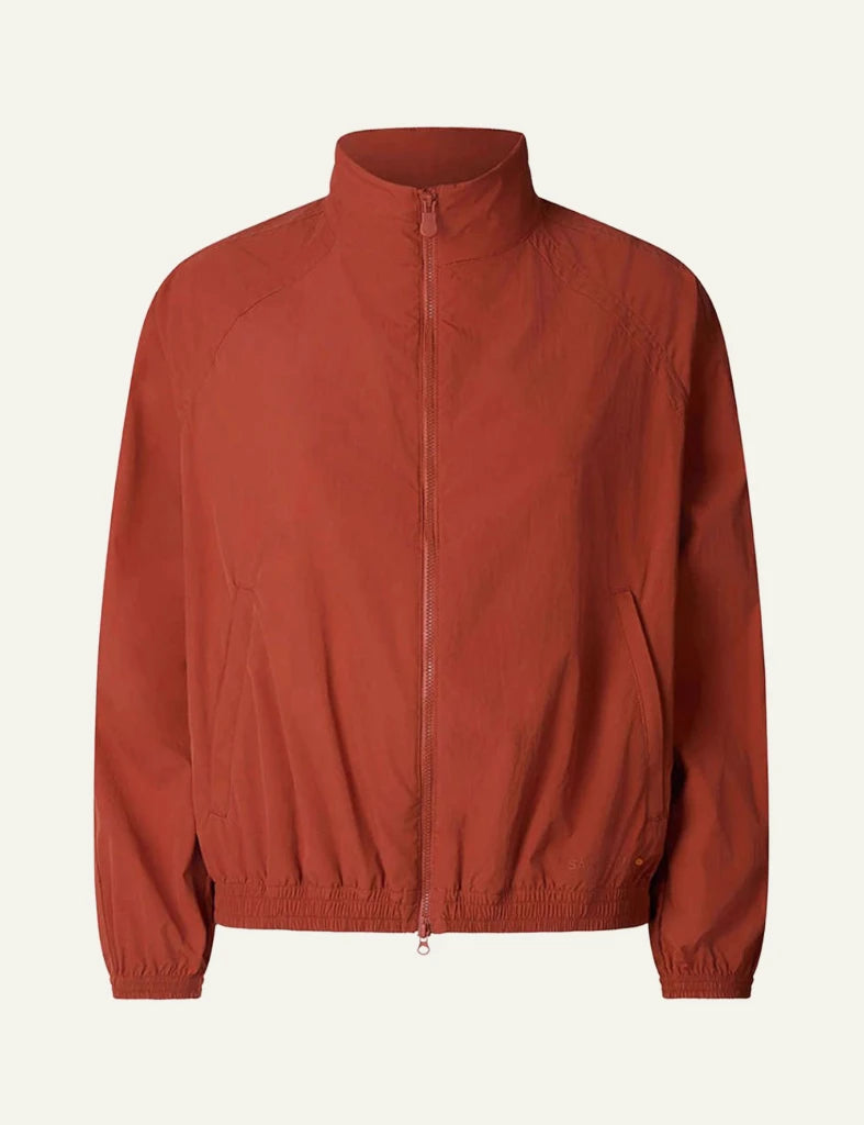 Save The Duck orange red bomber jacket zip front elastic hem detail front flat view