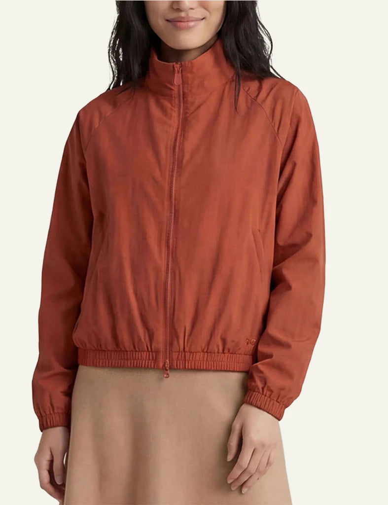 Save The Duck orange red bomber jacket zip front elastic hem detail front model view