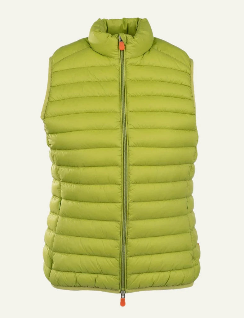 Save The Duck puffer vest green quilted sleeveless front view zip detail front flat view