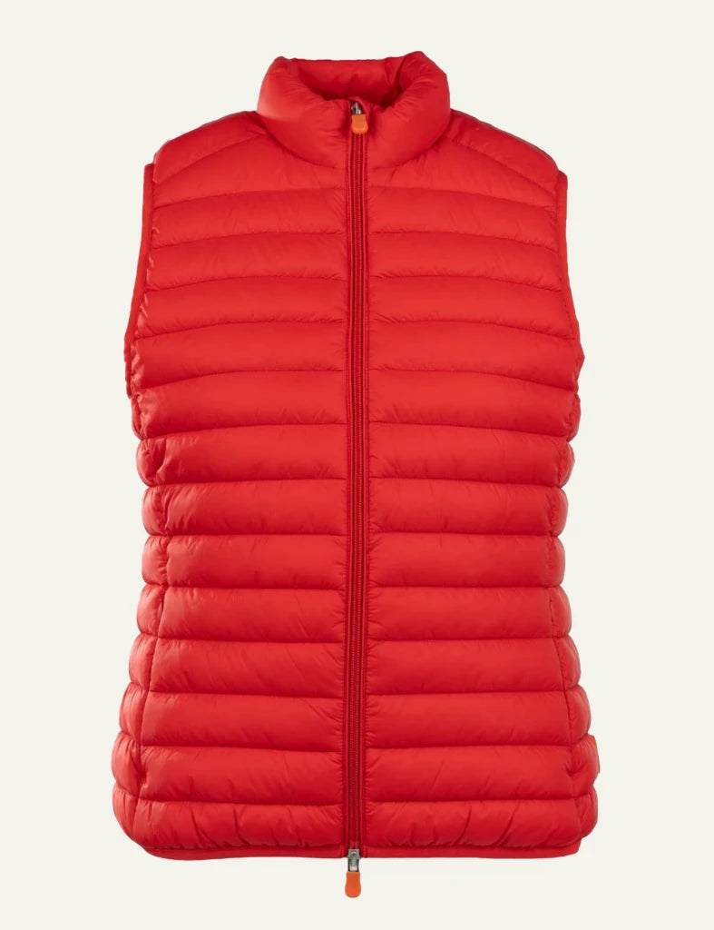 Save The Duck puffer vest red quilted sleeveless front view zip detail front flat view