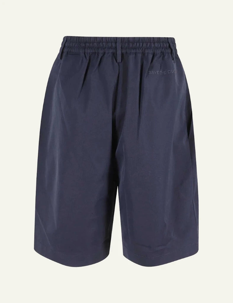 Save The Duck navy shorts clean front view pleated detail mid waist back flat view