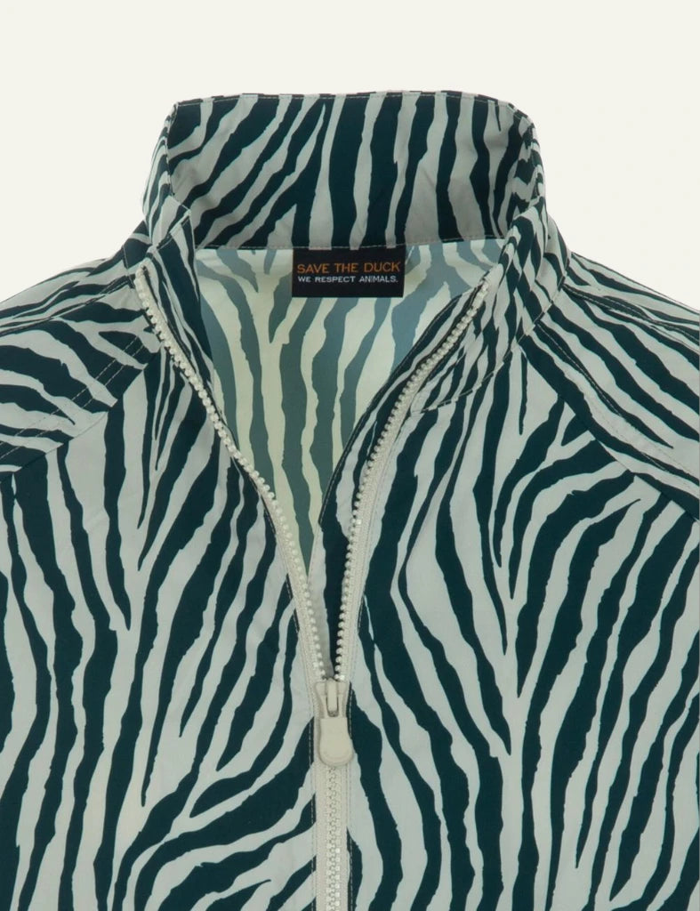 Save The Duck zebra print jacket green zip front detail view