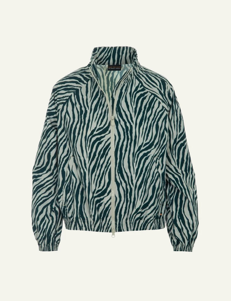 Save The Duck zebra print jacket green zip front front flat view