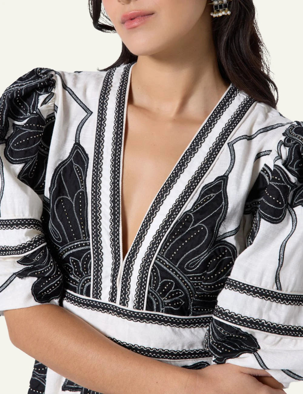 Scarlet Poppies Petal Whispers dress black white embroidered mini front detail view