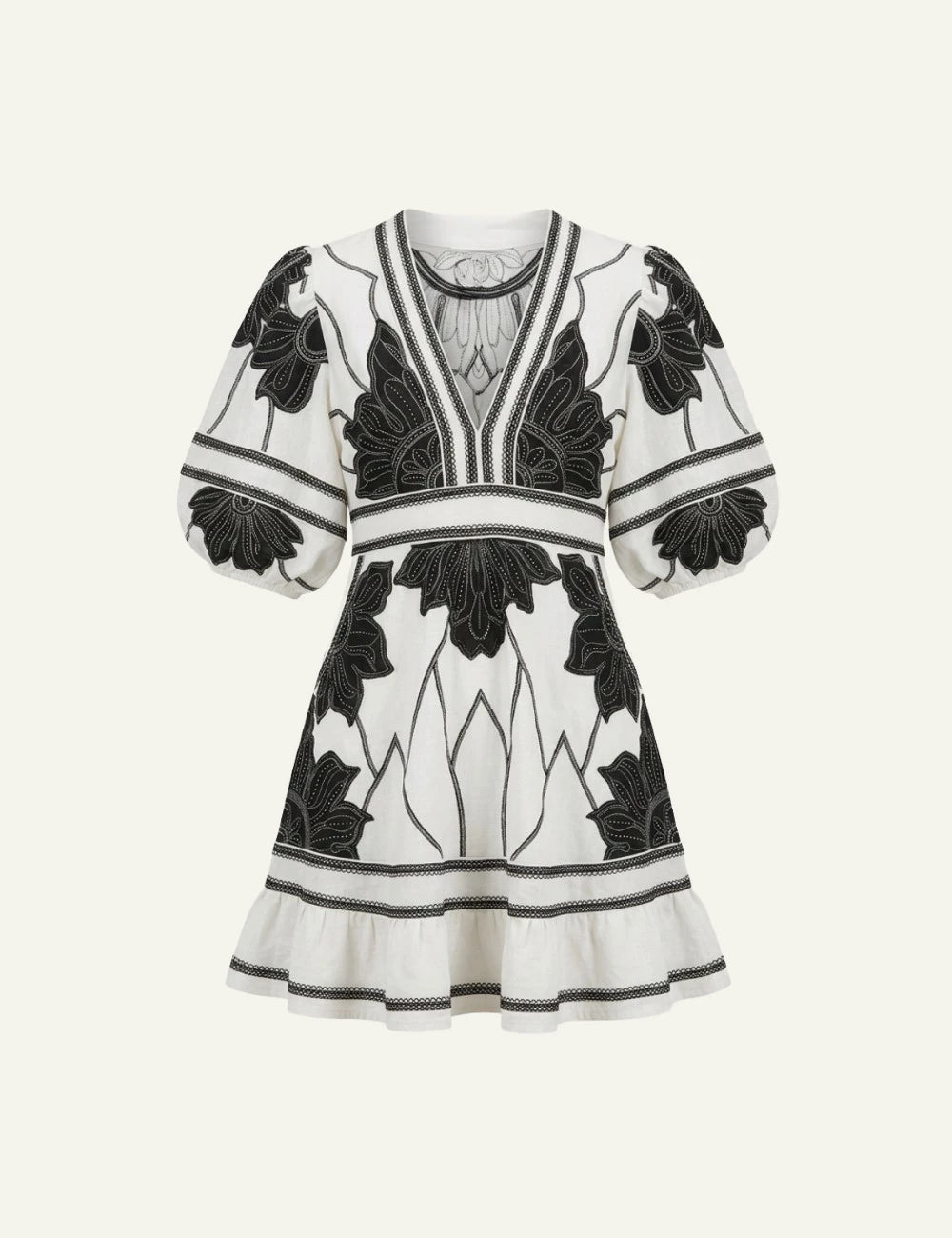 Scarlet Poppies Petal Whispers dress black white embroidered mini front flat view