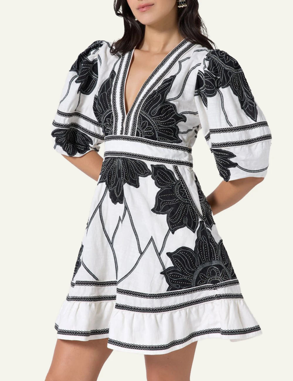 Scarlet Poppies Petal Whispers dress black white embroidered mini front model view