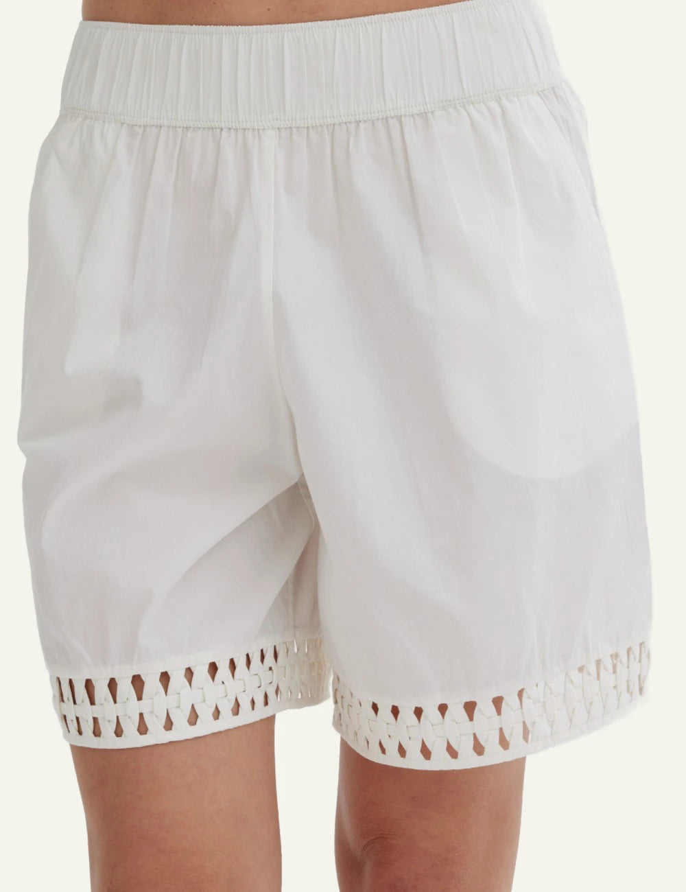 Scarlet Poppies Tommie shorts white cotton elastic waist front detail view