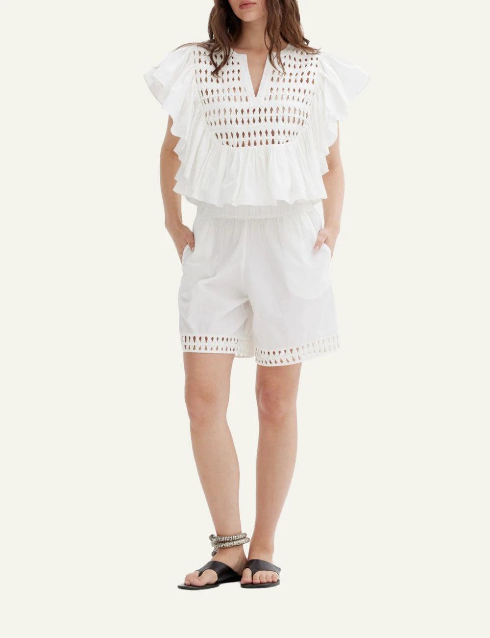 Scarlet Poppies Tommie shorts white cotton elastic waist front full body view