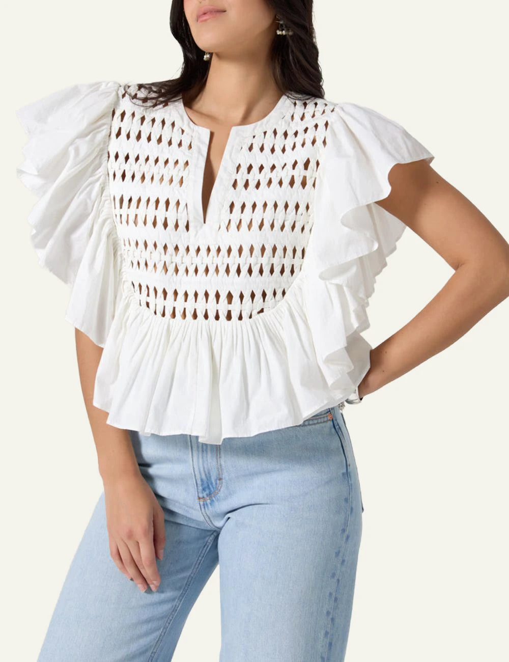 Scarlet Poppies Tommie top white smocked ruffle sleeves front model view
