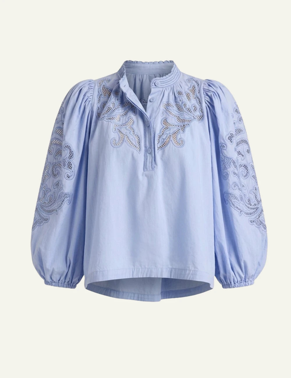 Scarlet Poppies Vesma top light blue embroidered long sleeves front flat view