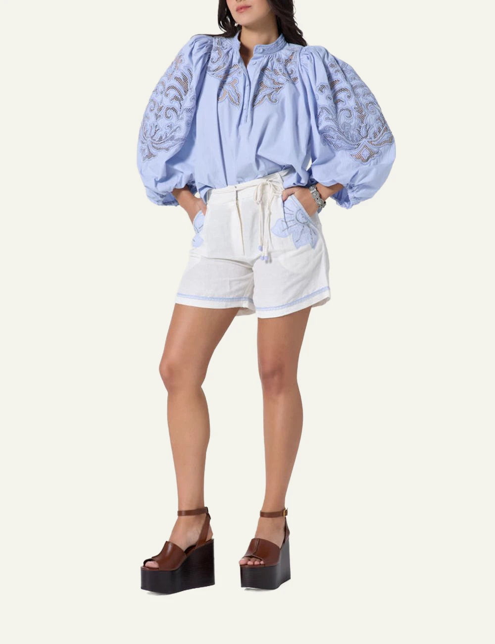 Scarlet Poppies Vesma top light blue embroidered long sleeves front full body view