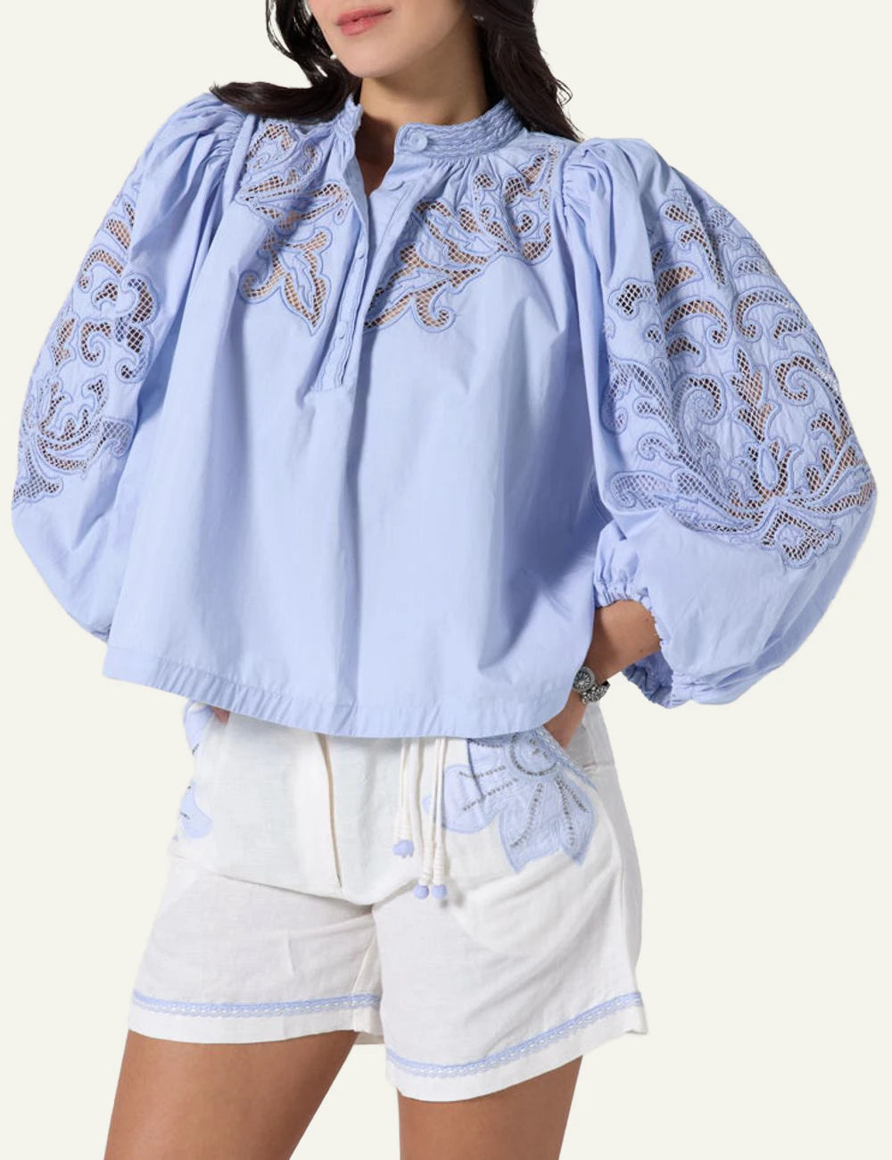 Scarlet Poppies Vesma top light blue embroidered long sleeves front model view