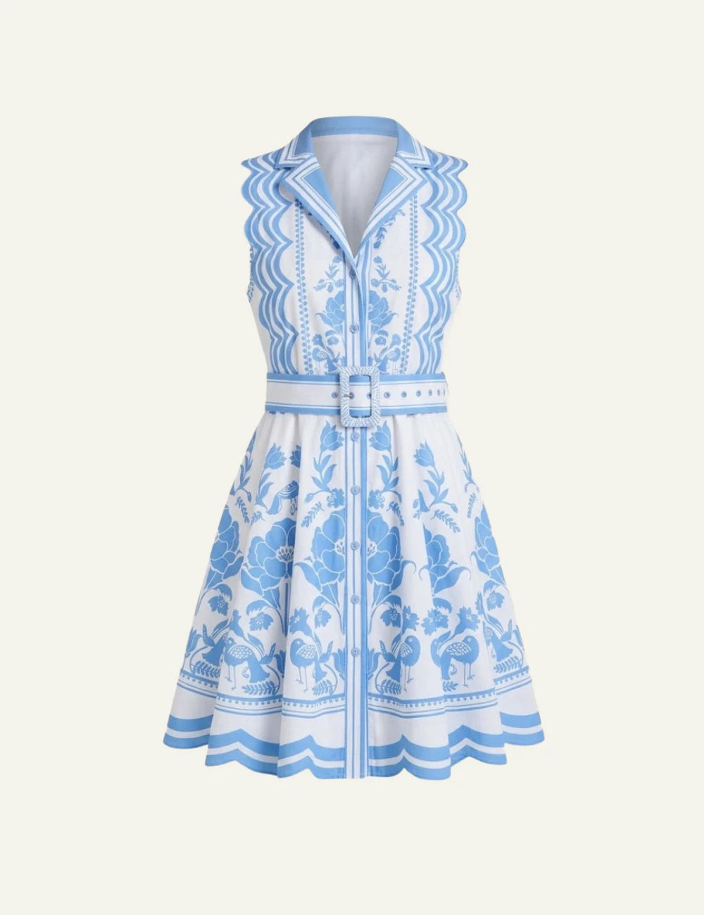 Scarlet Poppies Vixeen dress blue white floral belted front flat view