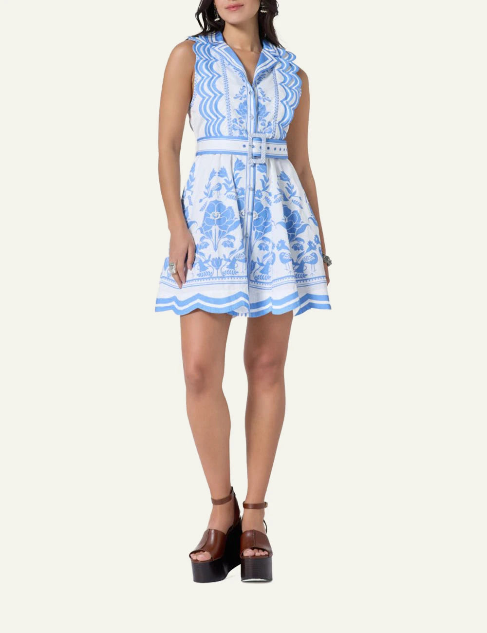 Scarlet Poppies Vixeen dress blue white floral belted front full body view