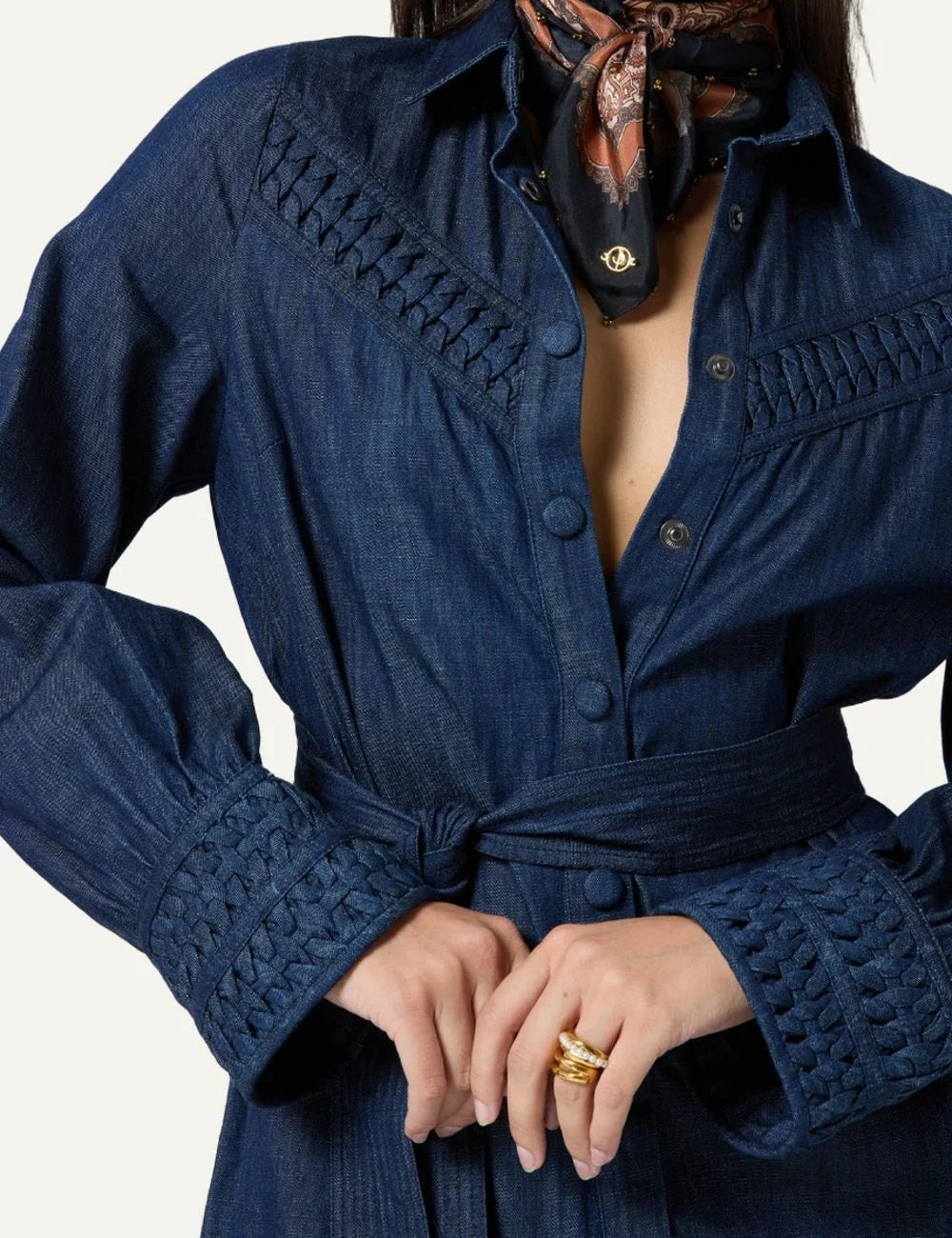 Scarlet Poppies women's Dala dark blue denim mini shirt dress with origami-inspired detailing, long puff sleeves, button-front closure, detachable waist belt and ruffled hem detail