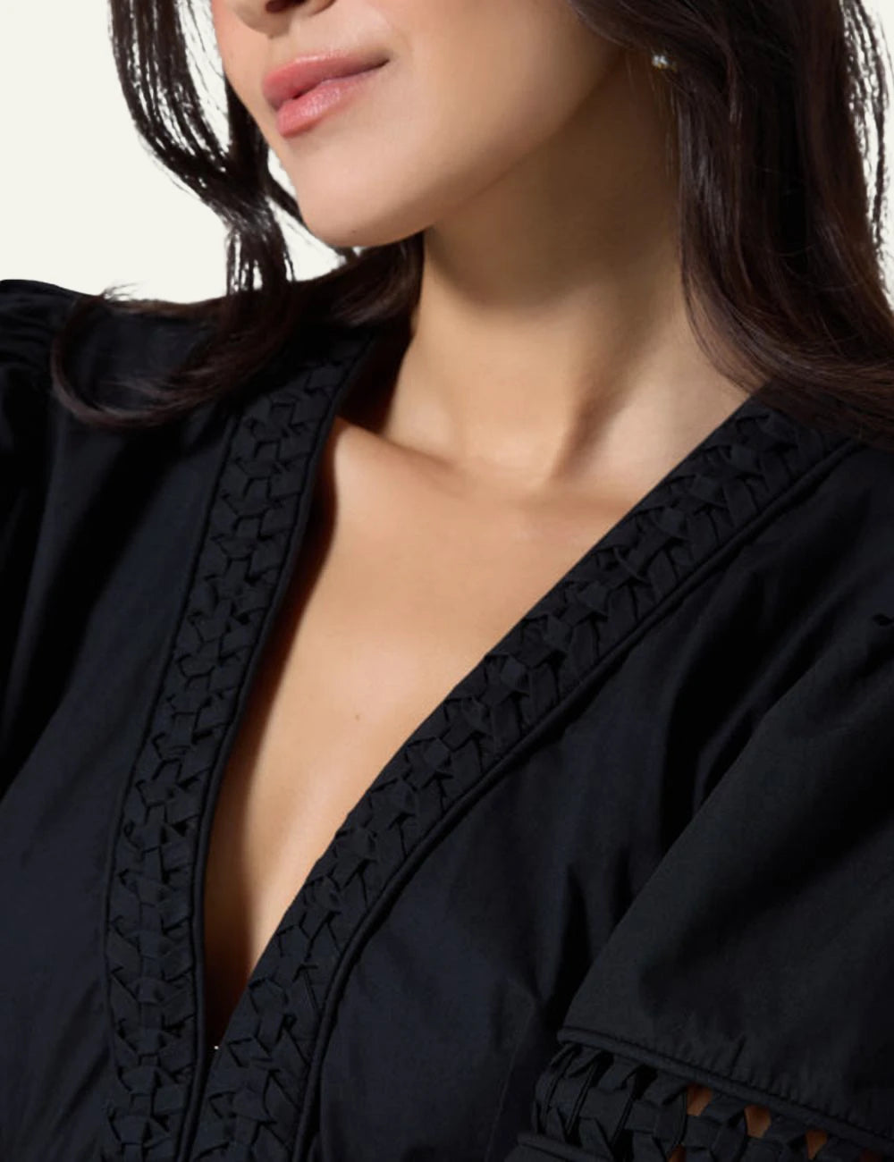 Scarlet Poppies Olga dress black mini dress V neck puff sleeves front detail view
