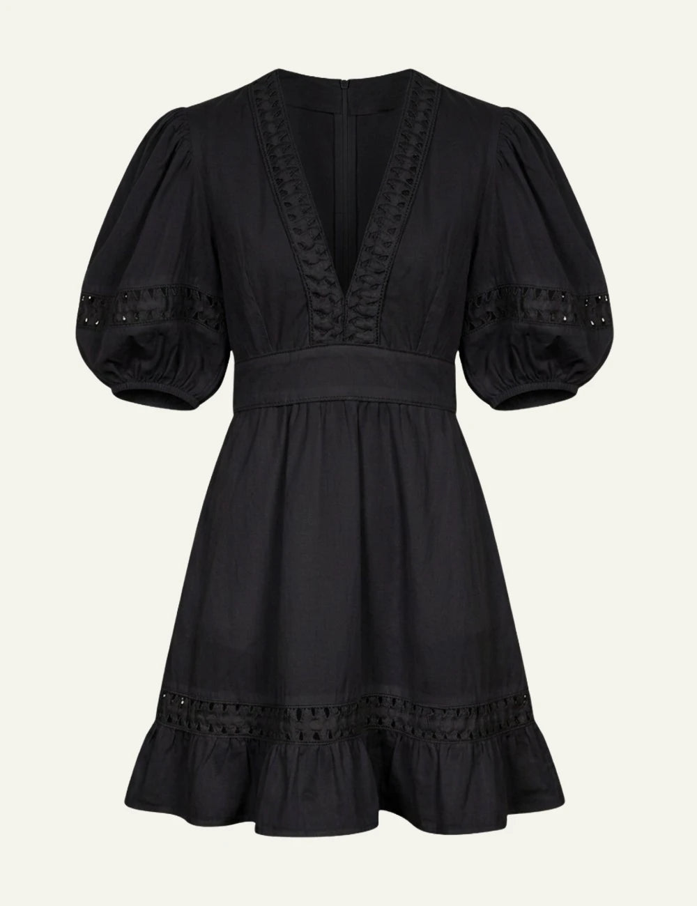 Scarlet Poppies Olga dress black mini dress V neck puff sleeves front flat view