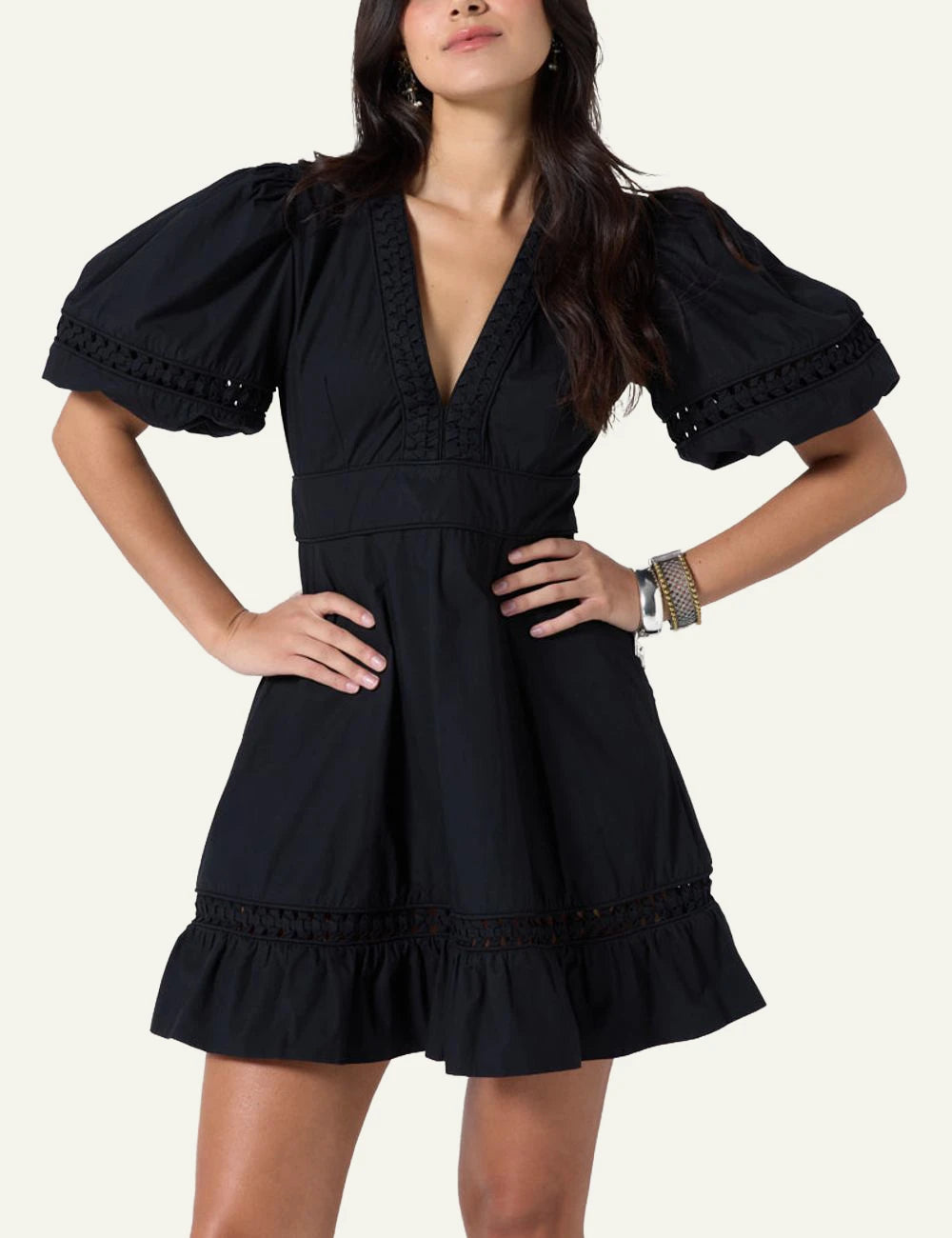 Scarlet Poppies Olga dress black mini dress V neck puff sleeves front model view