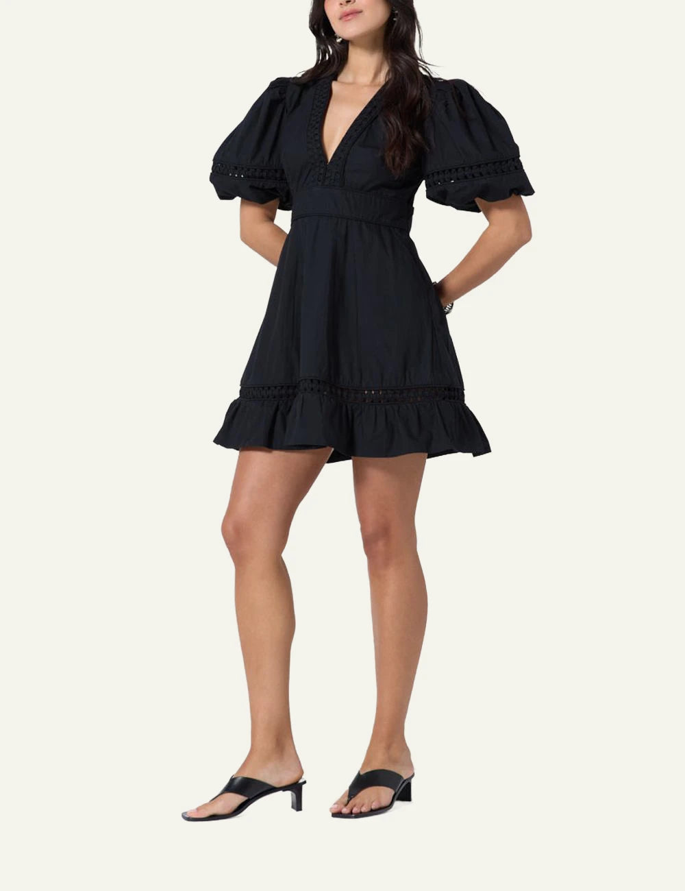Scarlet Poppies Olga dress black mini dress V neck puff sleeves front full body view