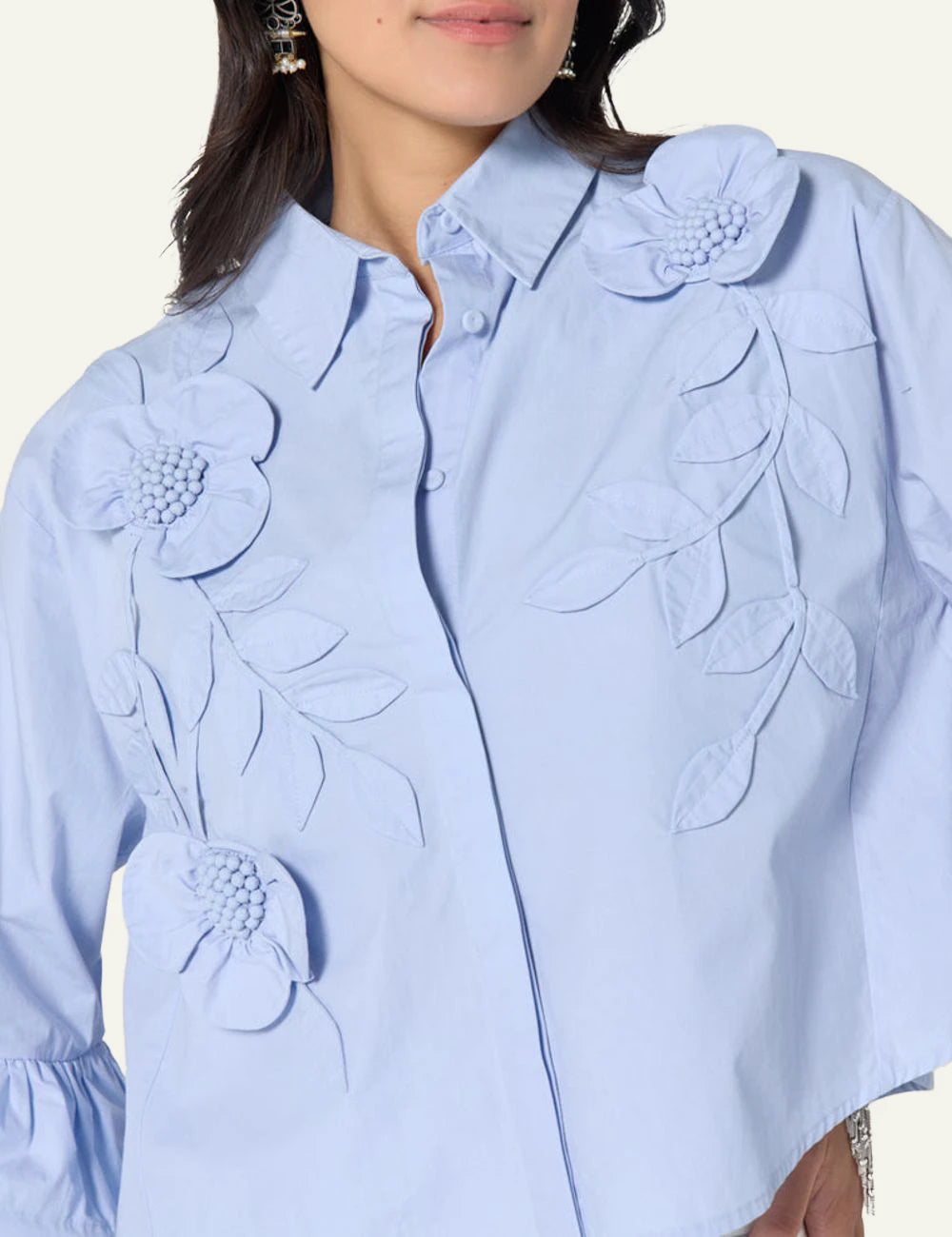 Scarlet Poppies Siena top light blue shirt 3D floral embroidery front detail view