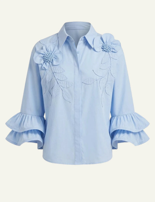 Scarlet Poppies Siena top light blue shirt 3D floral embroidery front flat view
