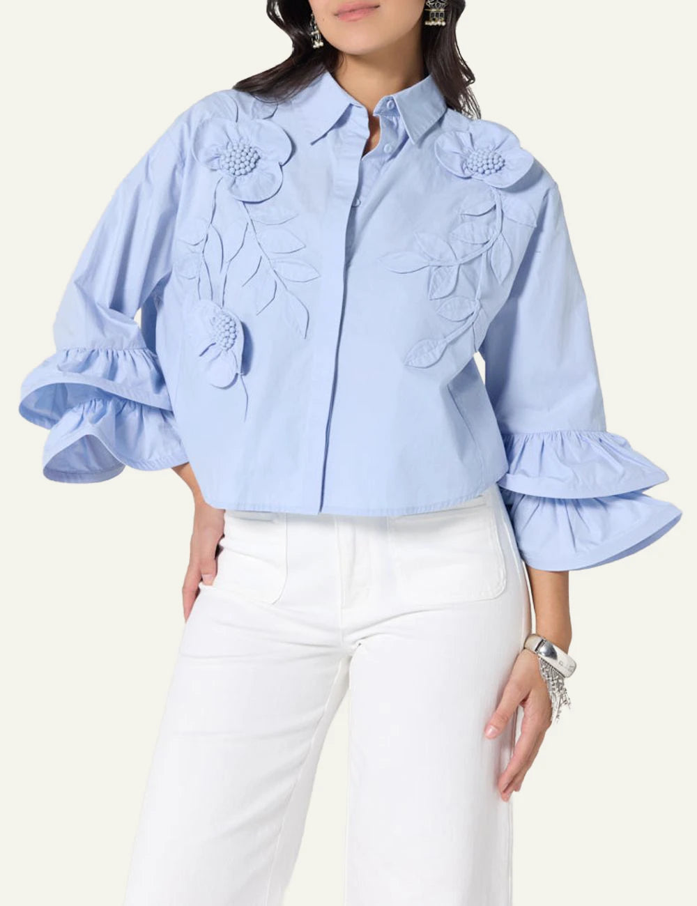 Scarlet Poppies Siena top light blue shirt 3D floral embroidery front model view