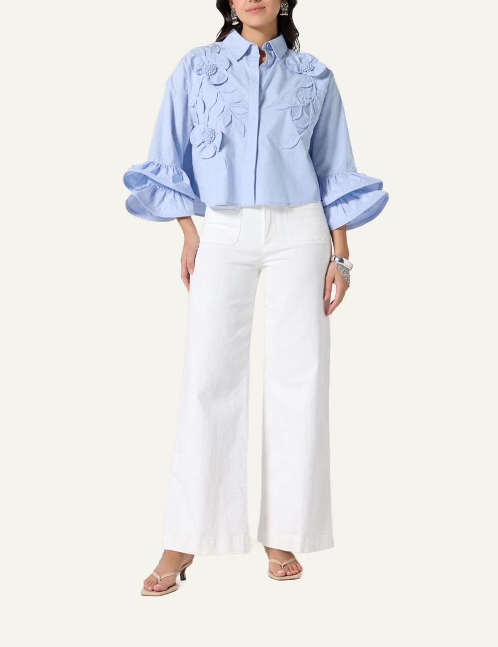 Scarlet Poppies Siena top light blue shirt 3D floral embroidery front full body view