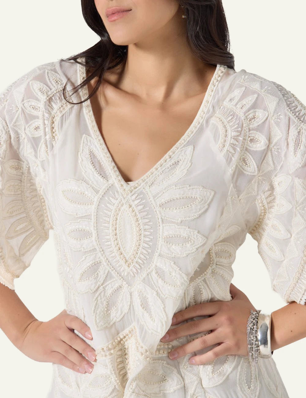 Scarlet Poppies Ulay dress white embroidered mini dress V neck front detail view
