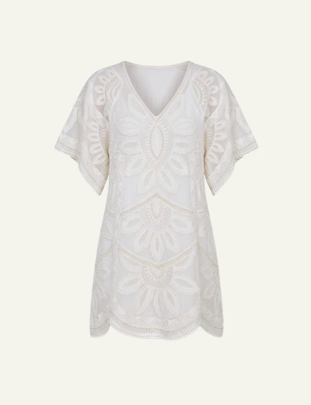 Scarlet Poppies Ulay dress white embroidered mini dress V neck front flat view