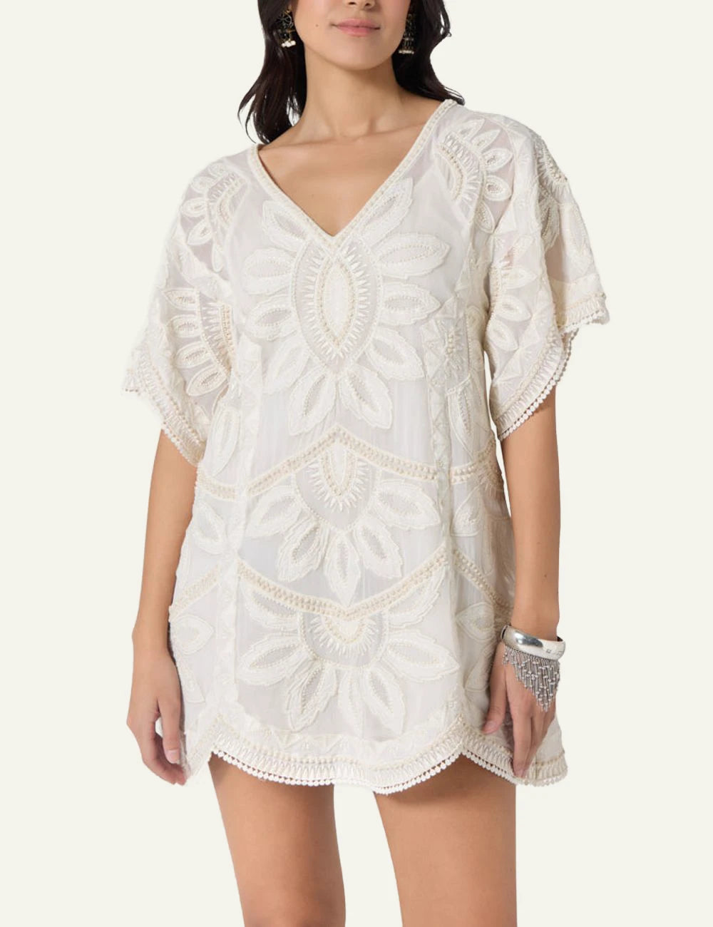 Scarlet Poppies Ulay dress white embroidered mini dress V neck front model view