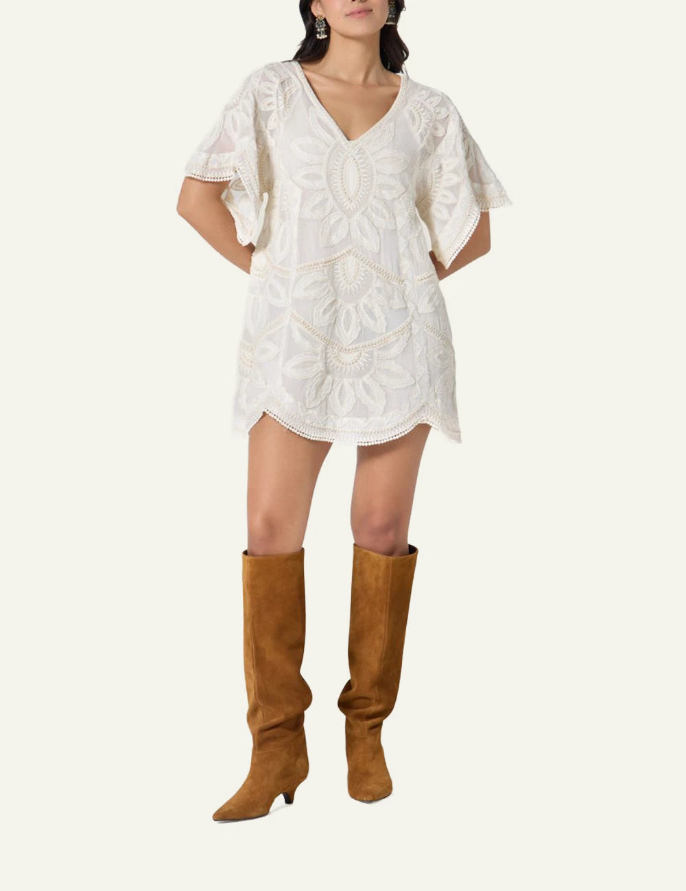 Scarlet Poppies Ulay dress white embroidered mini dress V neck front full body view