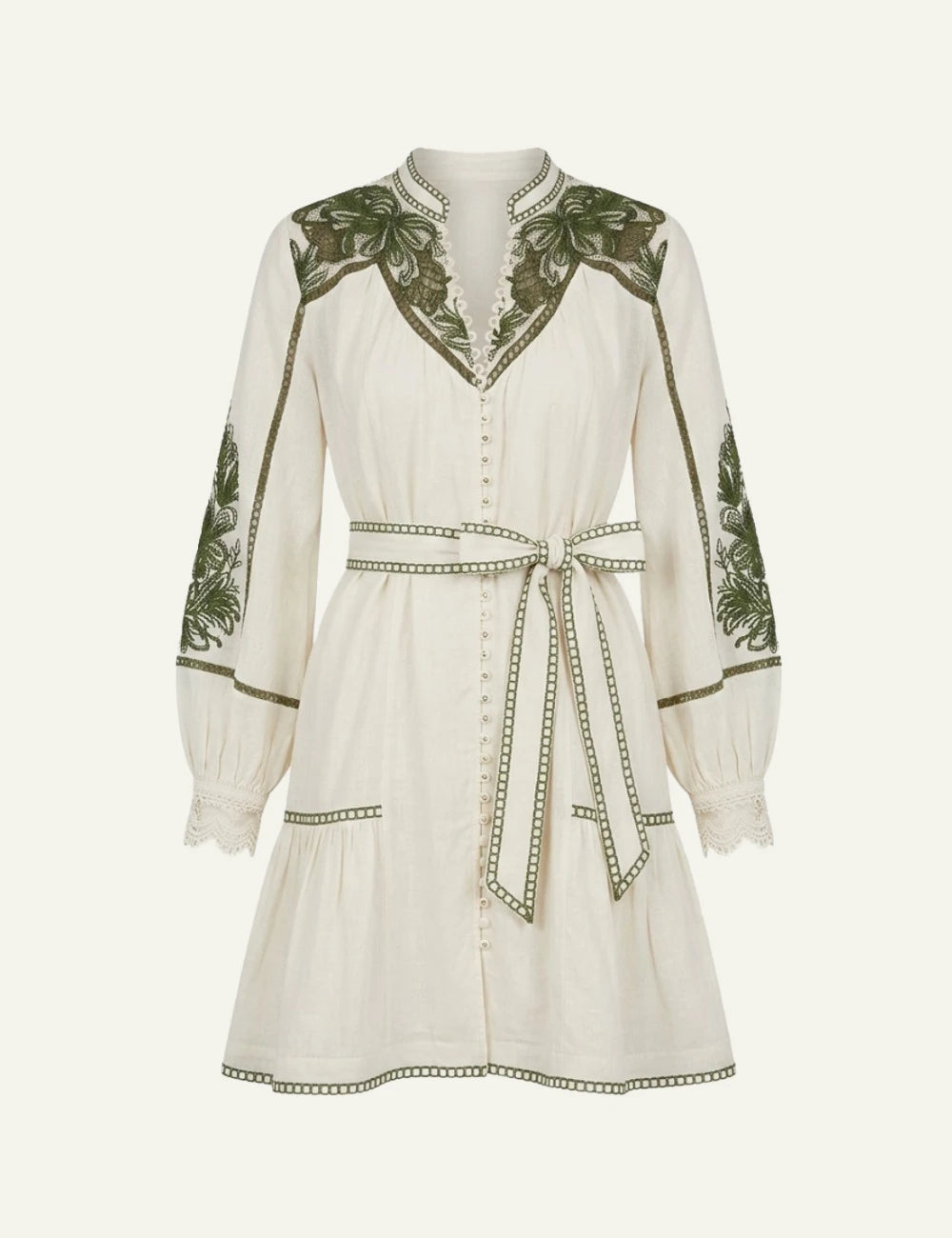 Scarlet Poppies Verena dress white embroidered mini dress belt front model view