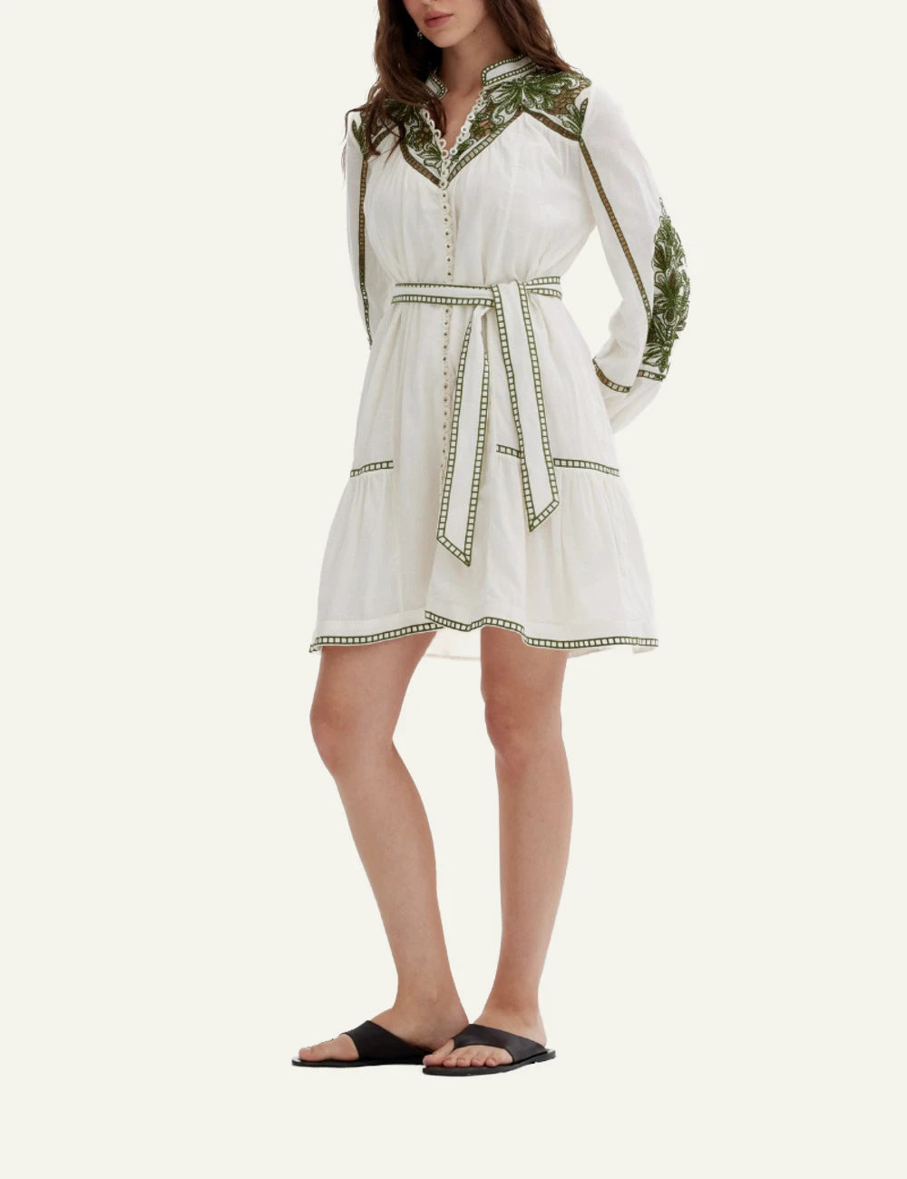 Scarlet Poppies Verena dress white embroidered mini dress belt front full body model view