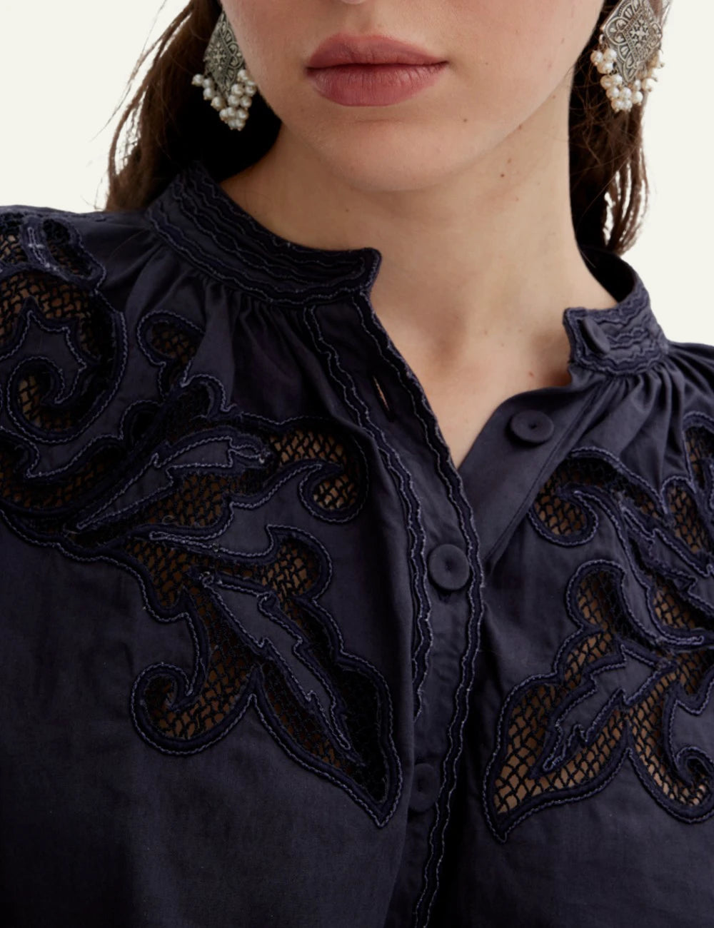Scarlet Poppies Vesma top navy blouse cotton poplin embroidery front detail view