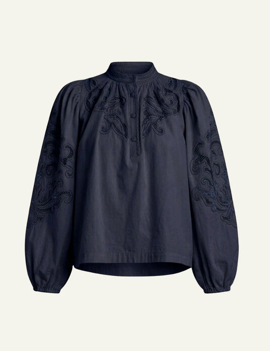 Scarlet Poppies Vesma top navy blouse cotton poplin embroidery front flat view