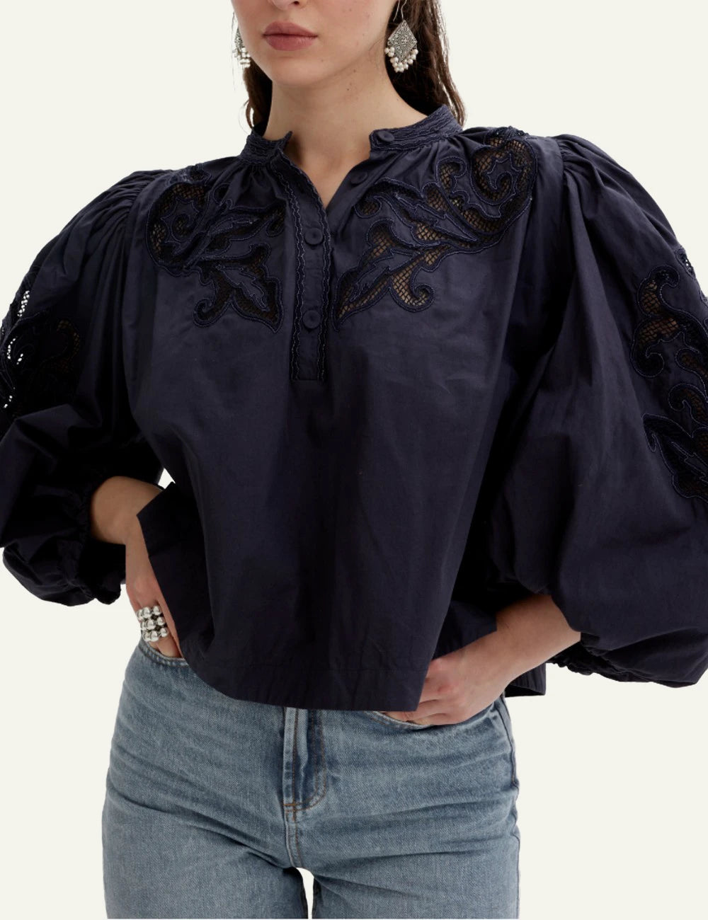 Scarlet Poppies Vesma top navy blouse cotton poplin embroidery front model view