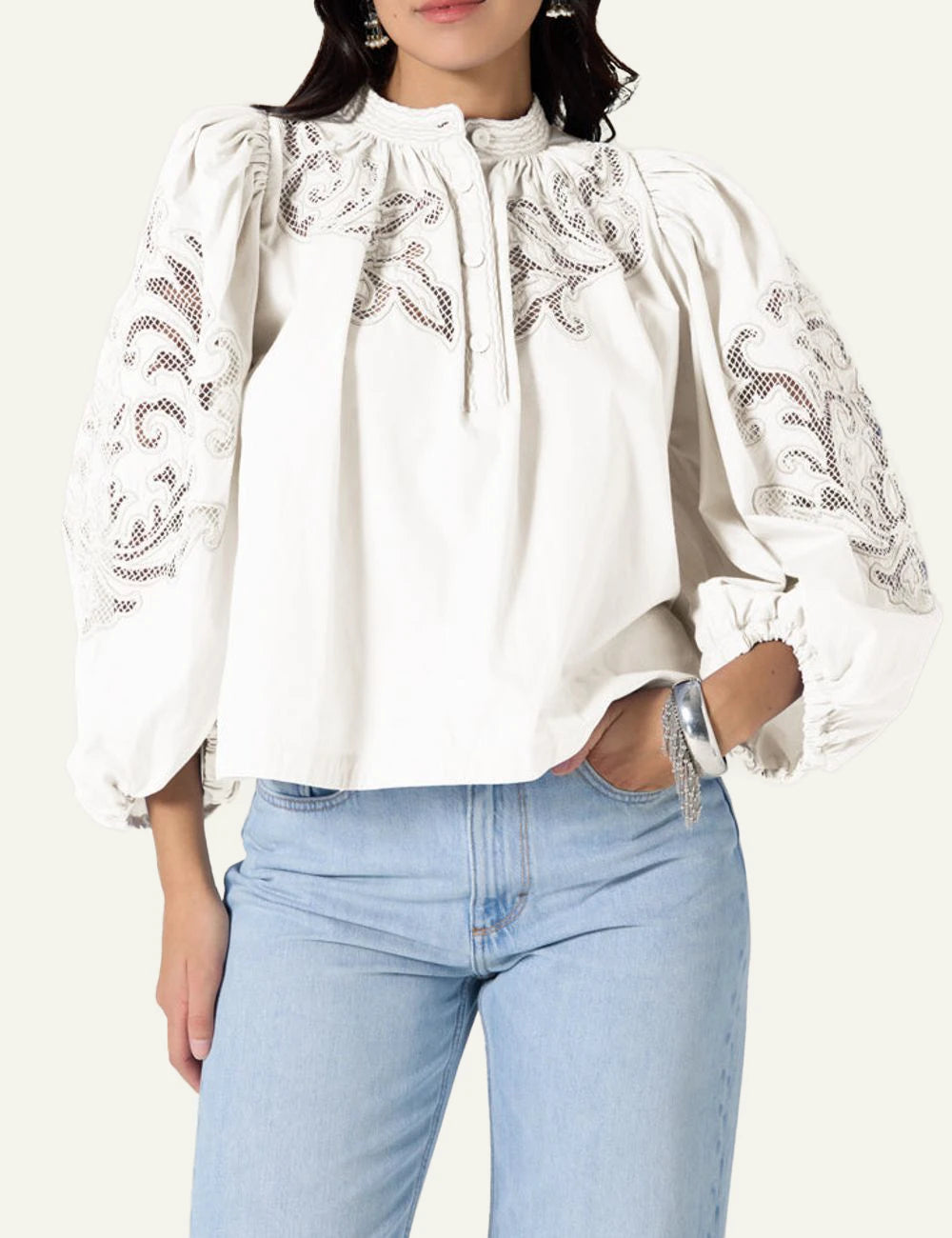 Scarlet Poppies Vesma top white blouse cotton poplin embroidery front model view