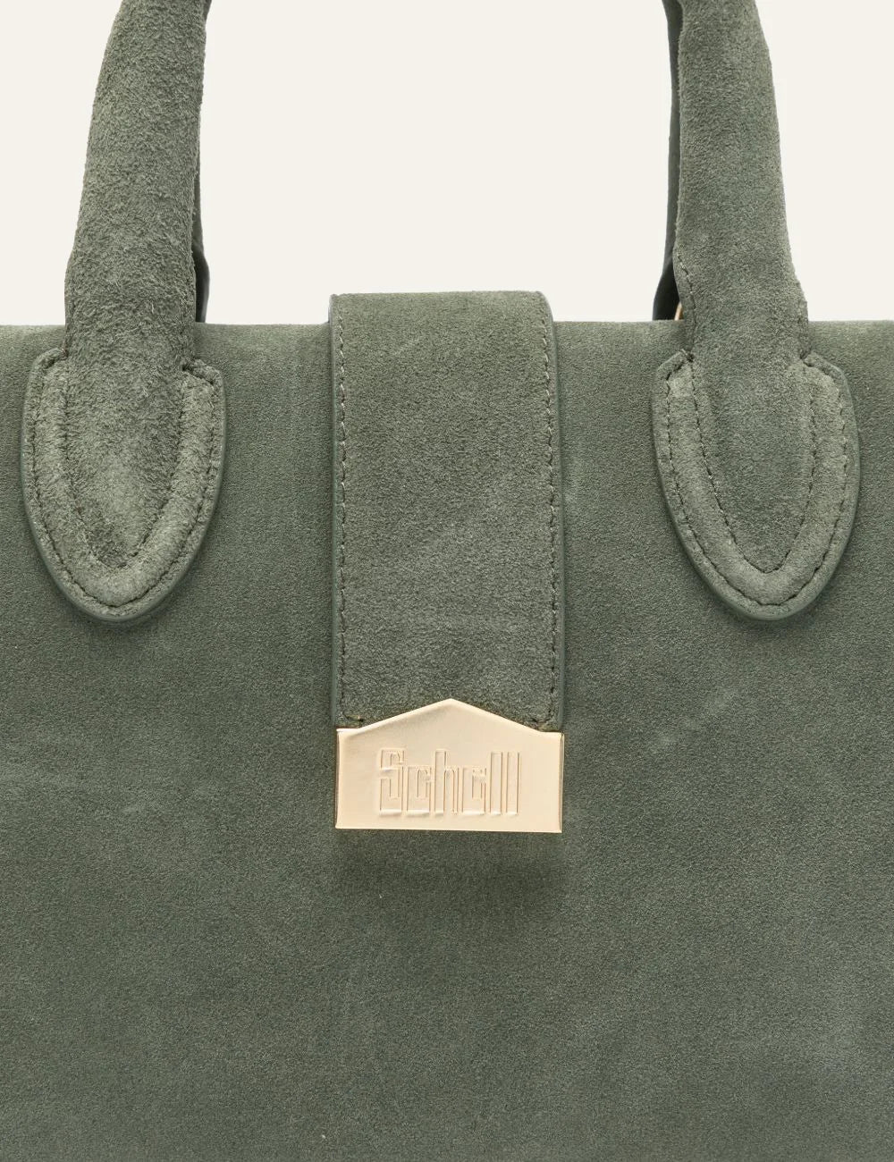 Schell Doctor green suede small tote bag logo detail close up