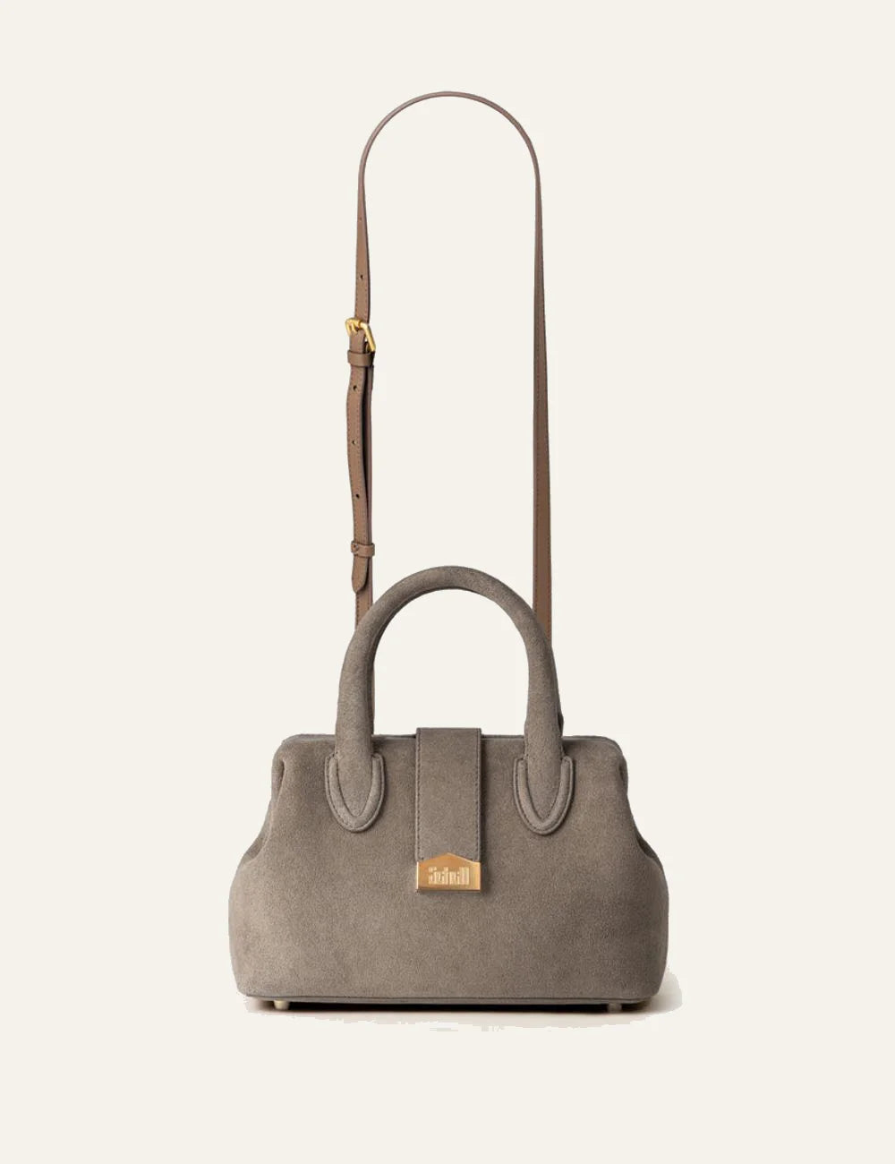 Schell Doctor taupe suede bag front view με adjustable cross body strap
