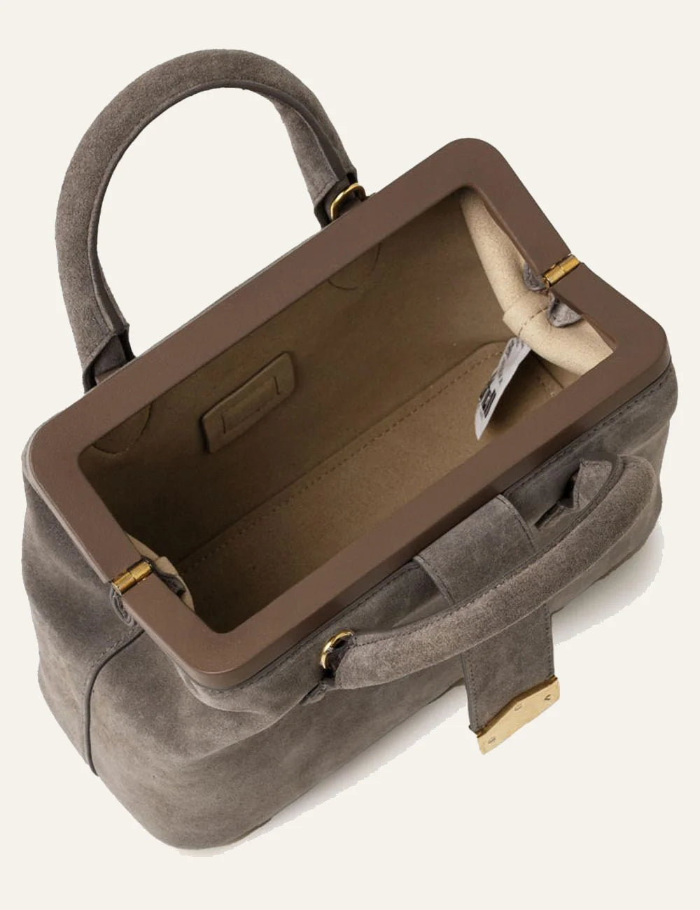 Schell Doctor taupe suede bag top view με microsuede interior