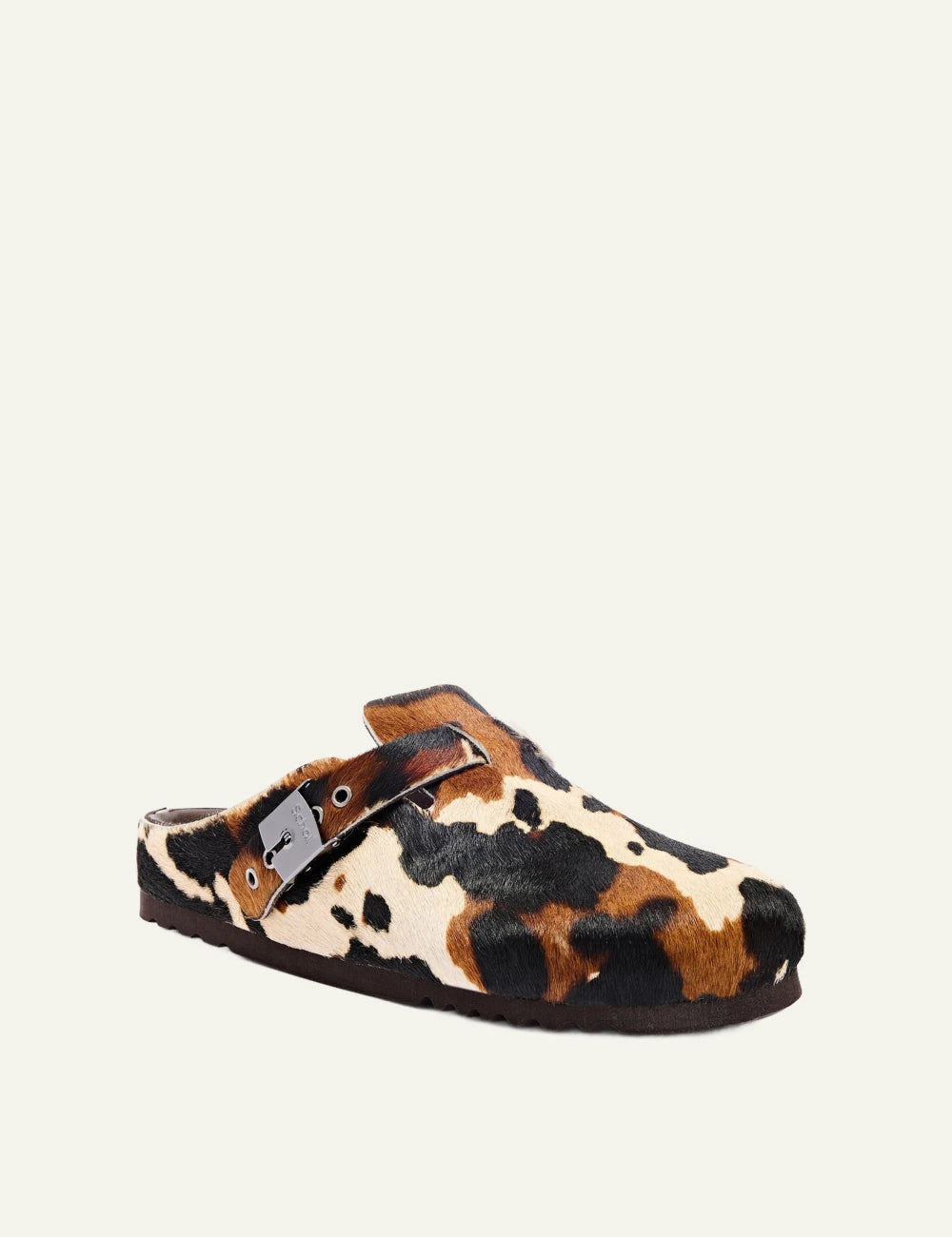 Scholl Grace pony animal print mules cow pattern angled view