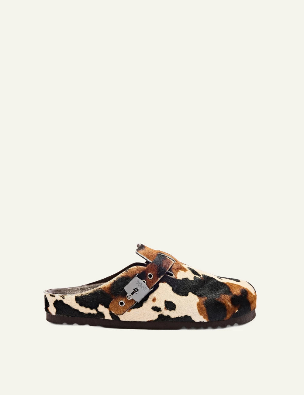Scholl Grace pony animal print mules cow pattern side view