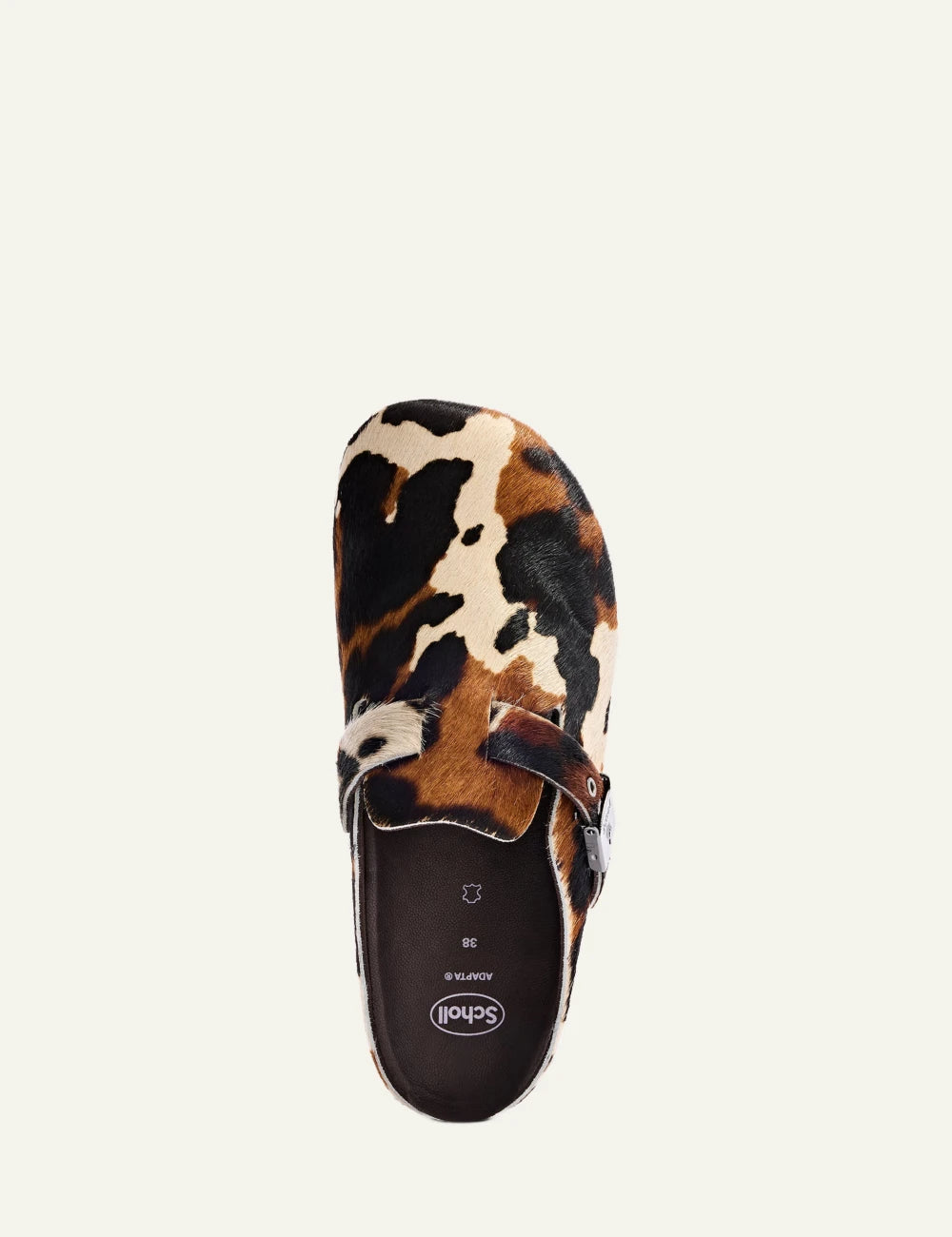 Scholl Grace pony animal print mules cow pattern top view