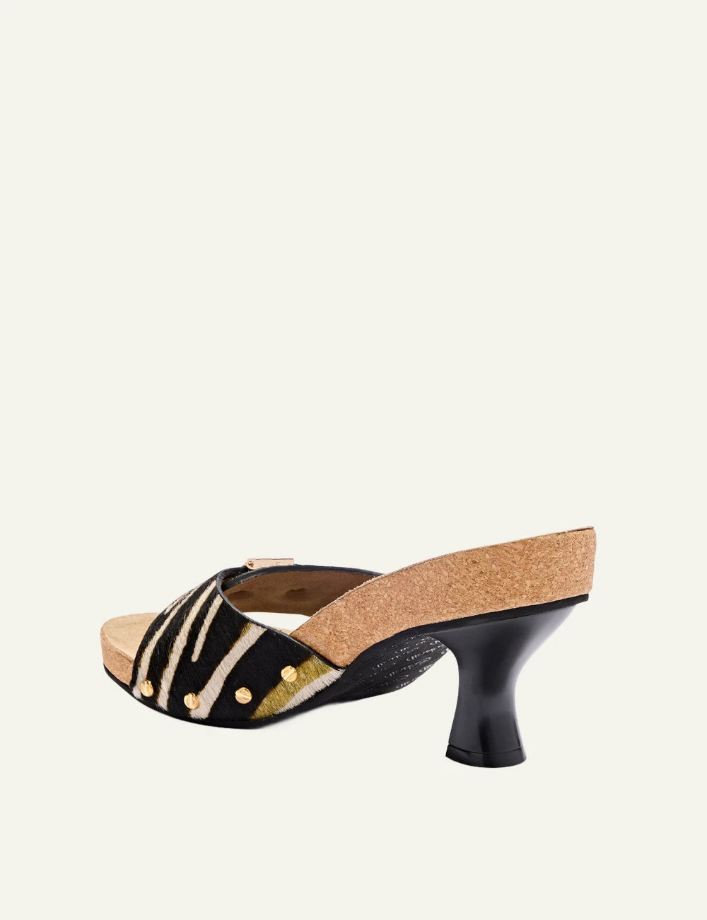 Scholl Luna pony hair heeled sandal brown lime back view
