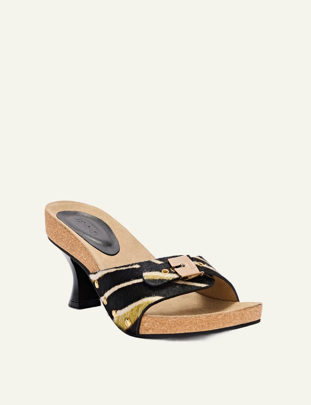 Scholl Luna pony hair heeled sandal brown lime angled view
