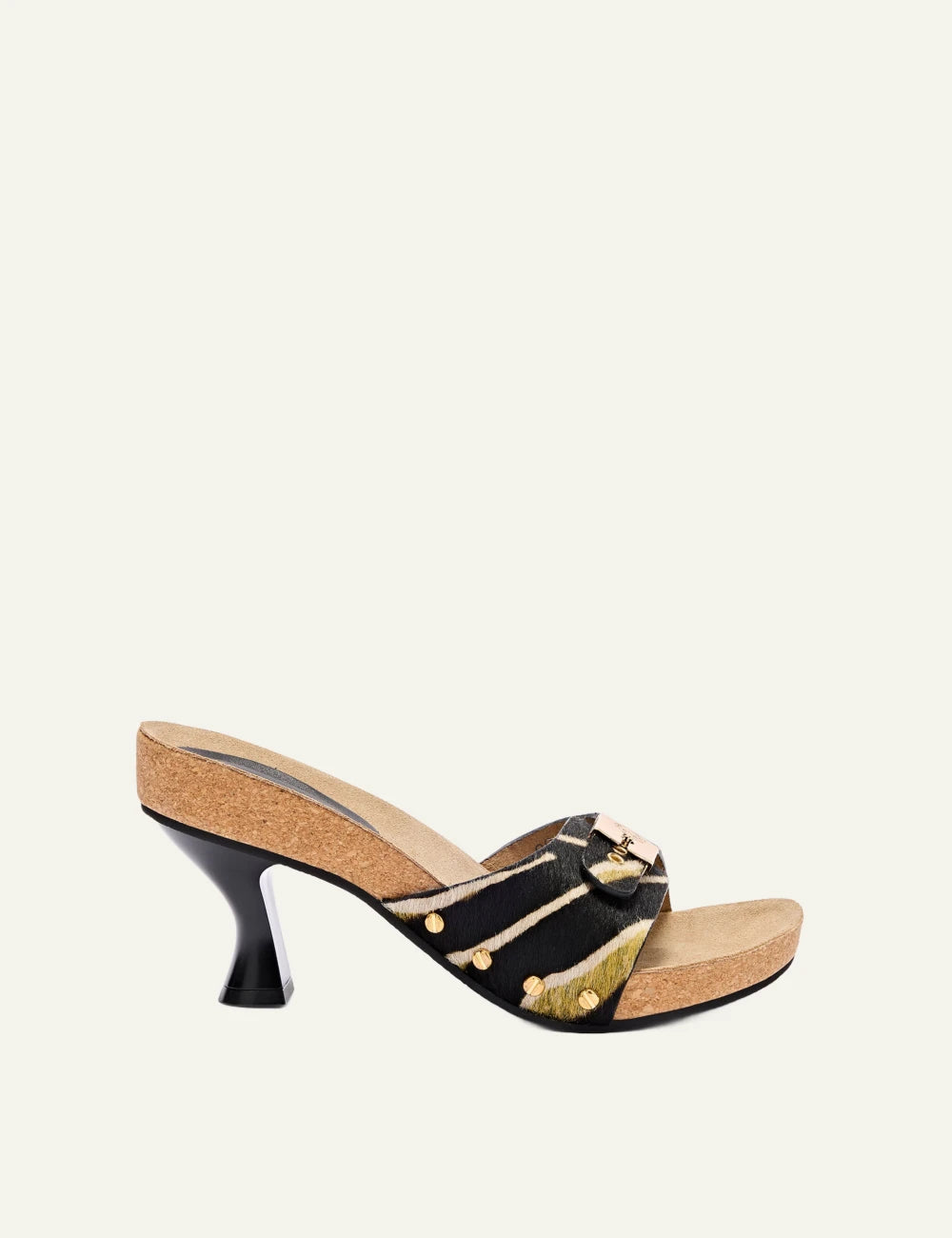 Scholl Luna pony hair heeled sandal brown lime side view